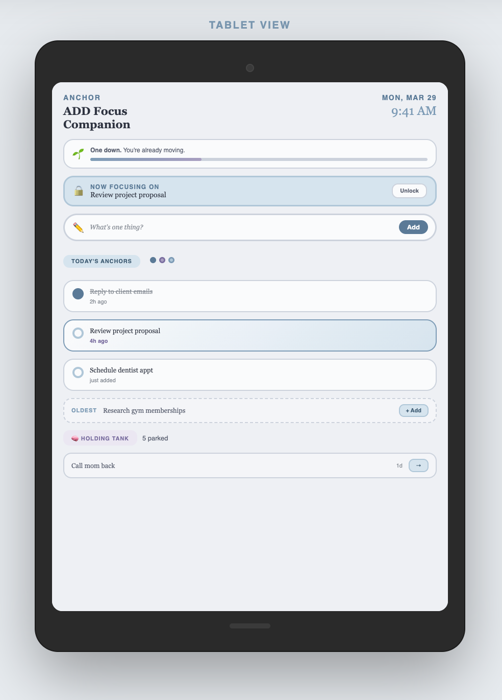 Anchor — ADD Focus Companion | Gentle Structure for a Drifting Mind
