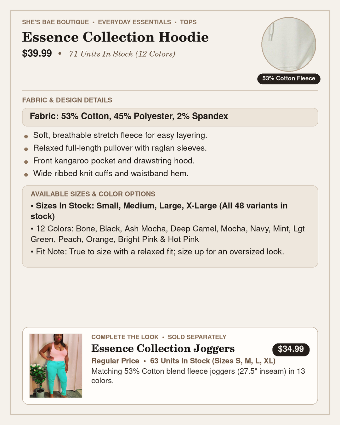 Essence Collection Hoodie Fabric, Fit &amp; Sizing Guide — 53% Cotton 45% Polyester 2% Spandex in 12 Colors (Sizes S-XL) | She&