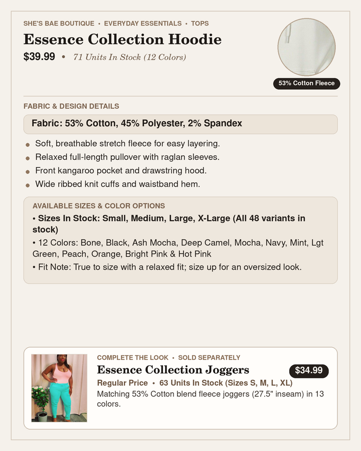 Essence Collection Hoodie Fabric, Fit &amp; Sizing Guide — 53% Cotton 45% Polyester 2% Spandex in 12 Colors (Sizes S-XL) | She&