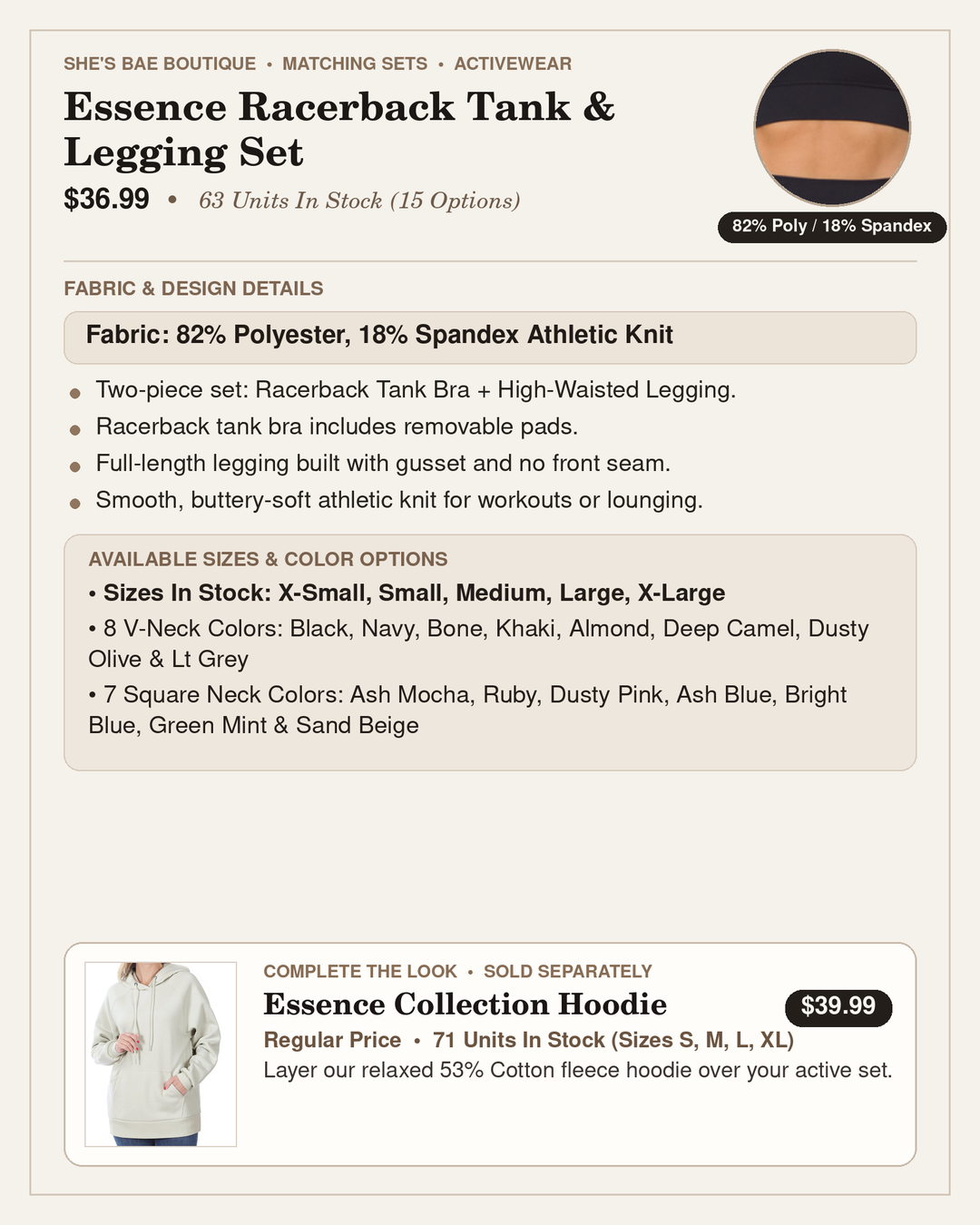 Essence Racerback Tank &amp; Legging Set Fabric &amp; Option Guide — 82% Polyester 18% Spandex in 15 V-Neck and Square Neck Shades (Sizes XS-XL) | She&