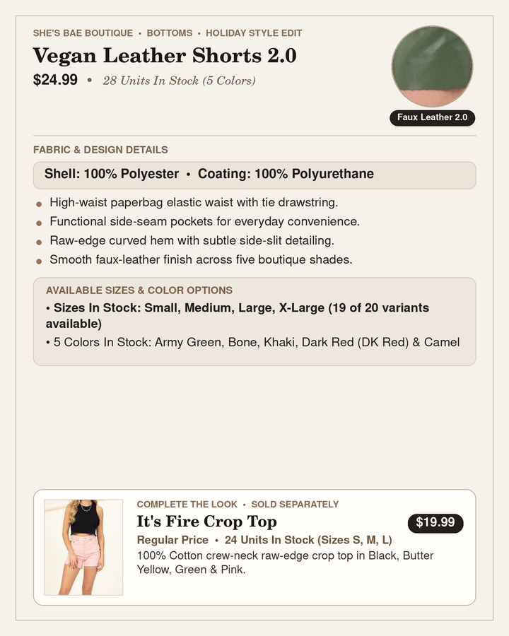 Vegan Leather Shorts 2.0 Fabric &amp; Sizing Specification Card — Paperbag Drawstring Waist in 5 Colors (Sizes S-XL) | She&